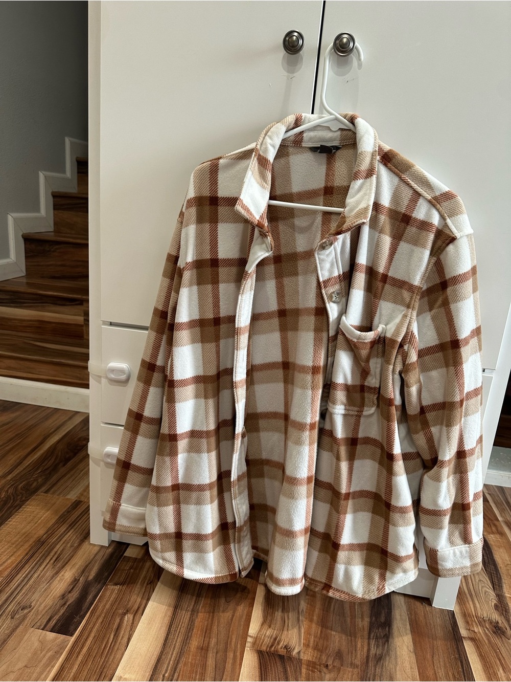 Eddie Bauer Cream and Brown Plaid Fleece Shacket